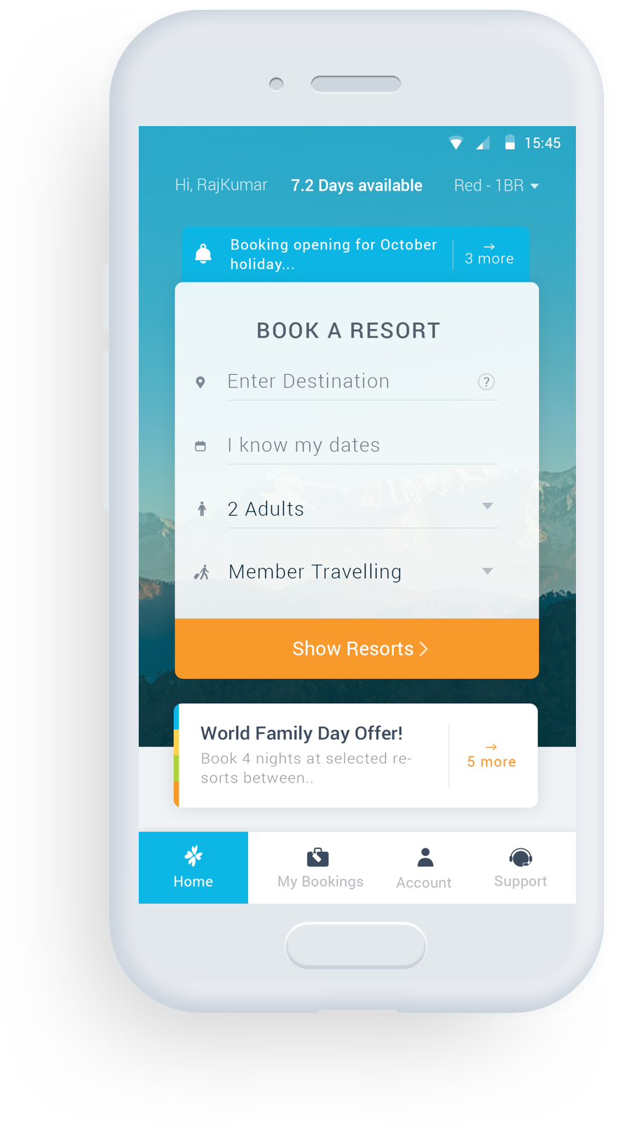 Conceived and designed a member mobile app for India's largest timeshare resorts company.